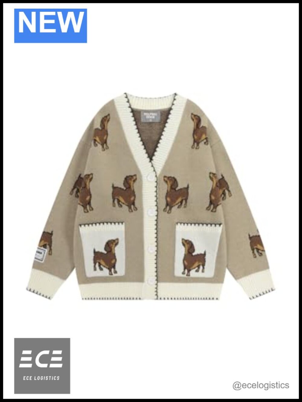 Oversized Graphic Cardigan Sweater V Neck Button Dachshund